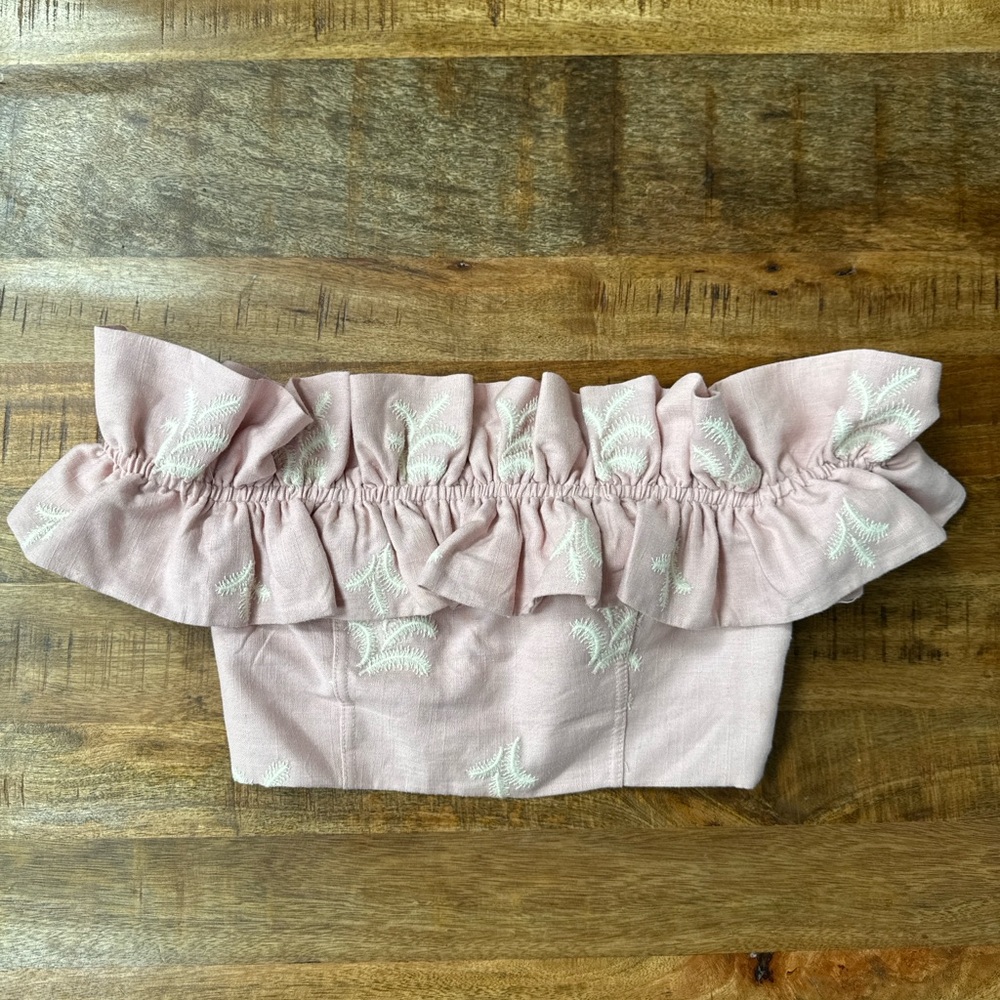 ZARA Bohemian Pink Embroidered Off-Shoulder Ruffle Crop Top – Size Small